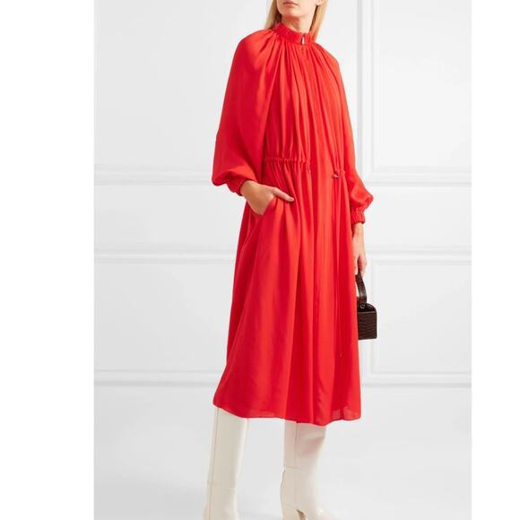 TIBI Red Gathered Adjustable Wasit crepe midi dress Red Medium - Picture 1 of 16